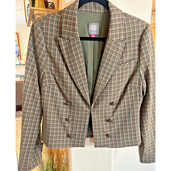 VINCE CAMUTO Double Breasted Cropped Blazer Green Plaid 6 - Picture 2 of 8
